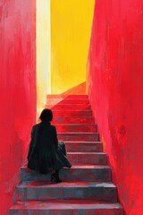 Poster - Silhouette of a woman sitting on stairs against red background