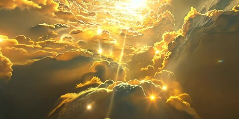 Wall Mural - celestial realm of seraphic beings amidst shimmering clouds and golden light, 4k video