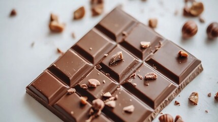 Wall Mural - A minimalist display of a chocolate bar with hazelnut pieces, styled on a clean white background