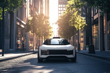 Leinwandbilder - A self-driving car utilizes onboard AI systems to autonomously navigate through a bustling urban area surrounded by trees and buildings. Generative AI