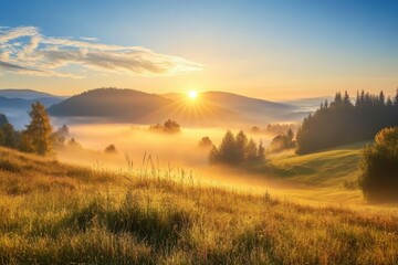 Poster - A beautiful sunrise casts golden light over misty hills and a lush forest, creating a peaceful atmosphere in the valley at dawn. Generative AI