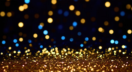 Poster - Abstract glitter lights background in blue, gold and black colors. De-focused bokeh effect. Banner for festive, celebration or party themes.