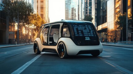 Leinwandbilder - An autonomous vehicle equipped with high-tech AI systems drives through a lively city street filled with modern skyscrapers at dusk. Generative AI