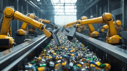 Aufkleber - Automated robotic arms are sorting recyclable materials on a conveyor belt in a modern facility, showcasing advancements in waste management technology.