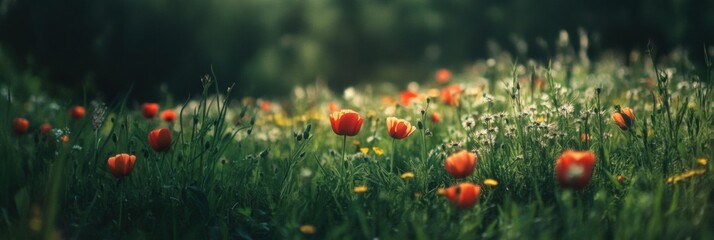 Poster - A vibrant display of colorful flowers fills a lush green meadow, creating a cheerful atmosphere under a clear blue sky. Generative AI