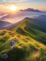 Aufkleber - Golden sunlight breaks over the hills, illuminating the lush green landscape and creating a serene atmosphere in the morning. Generative AI
