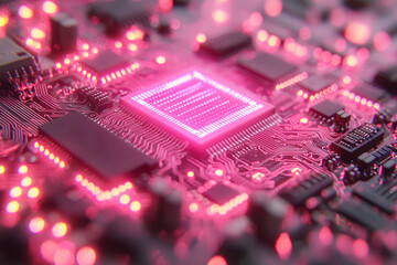 Poster - A tech-themed composition featuring a glowing circuit board with a command-line interface, isolated on a pastel rose background,
