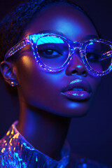 Sticker - A retro-inspired mannequin in sleek sunglasses, bathed in purple and blue neon lights,