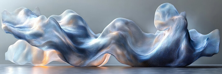 Poster - A dynamic abstract 3D object with intricate microfuzzy surfaces, forming smooth curves and layers,