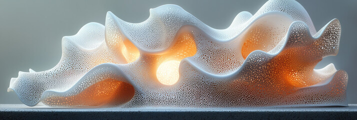 Poster - A dynamic abstract 3D object with intricate microfuzzy surfaces, forming smooth curves and layers,