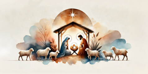 Nativity scene in Bethlehem. Watercolor painting. Christmas scene illustration showing Holy Family baby Jesus in the manger Mary and Joseph. Banner Copyspace