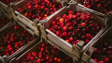 Bountiful Cherry Harvest: Wooden crates overflow with a vibrant harvest of ripe red cherries, bursting with freshness and natural sweetness, ready to be enjoyed.