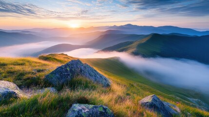 Poster - Golden sunlight breaks over distant hills, illuminating misty valleys and rocky outcrops in a tranquil mountain setting. Generative AI