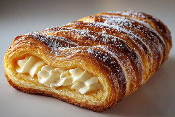 Poster - A single kÃ¼rtÅ‘sh with a golden-brown crust and a sugar coating, filled with vanilla cream,