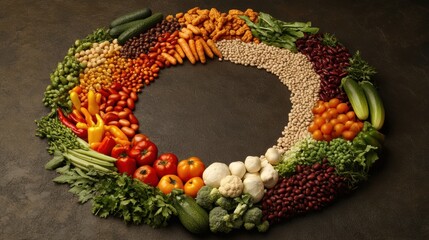 Poster - Fresh vegetables, grains, and legumes are carefully arranged in a vibrant circular display on a dark wooden surface. Generative AI
