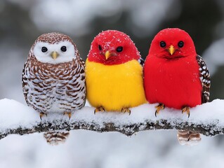 Wall Mural - Three colorful birds sitting on a branch in the snow