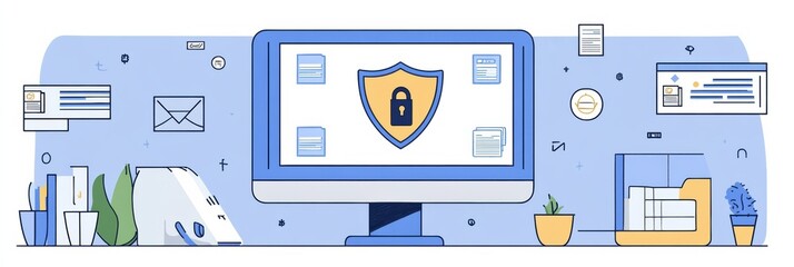 Aufkleber - A computer screen shows a shield with a lock icon, emphasizing the importance of cybersecurity in today's digital landscape. Generative AI