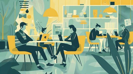 Canvas Print - A vibrant café scene showcasing people engaged with technology and each other in a modern, relaxed environment.