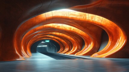 Wall Mural - Abstract orange tunnel with glowing light at the end.