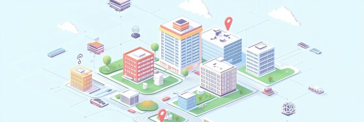 Fototapete - Buildings in a smart city are seamlessly connected through an AI network, enhancing urban infrastructure and connectivity. Generative AI