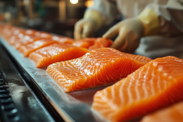 Poster - Worker skillfully packages fresh salmon fillets in a busy food processing plant