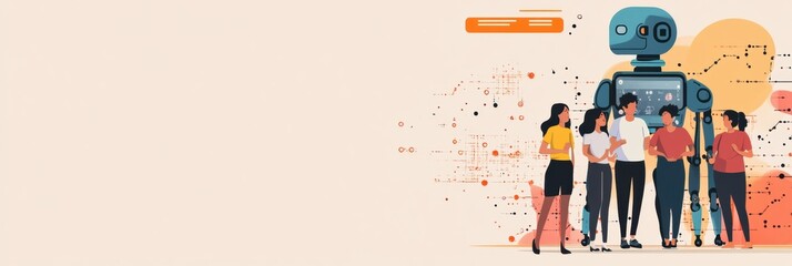 Aufkleber - A diverse group of people interacts with an abstract AI system, sharing ideas and collaborating in a tech-focused setting. Generative AI