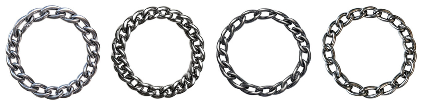 Silver metallic circular chain isolated on transparent background, Set of