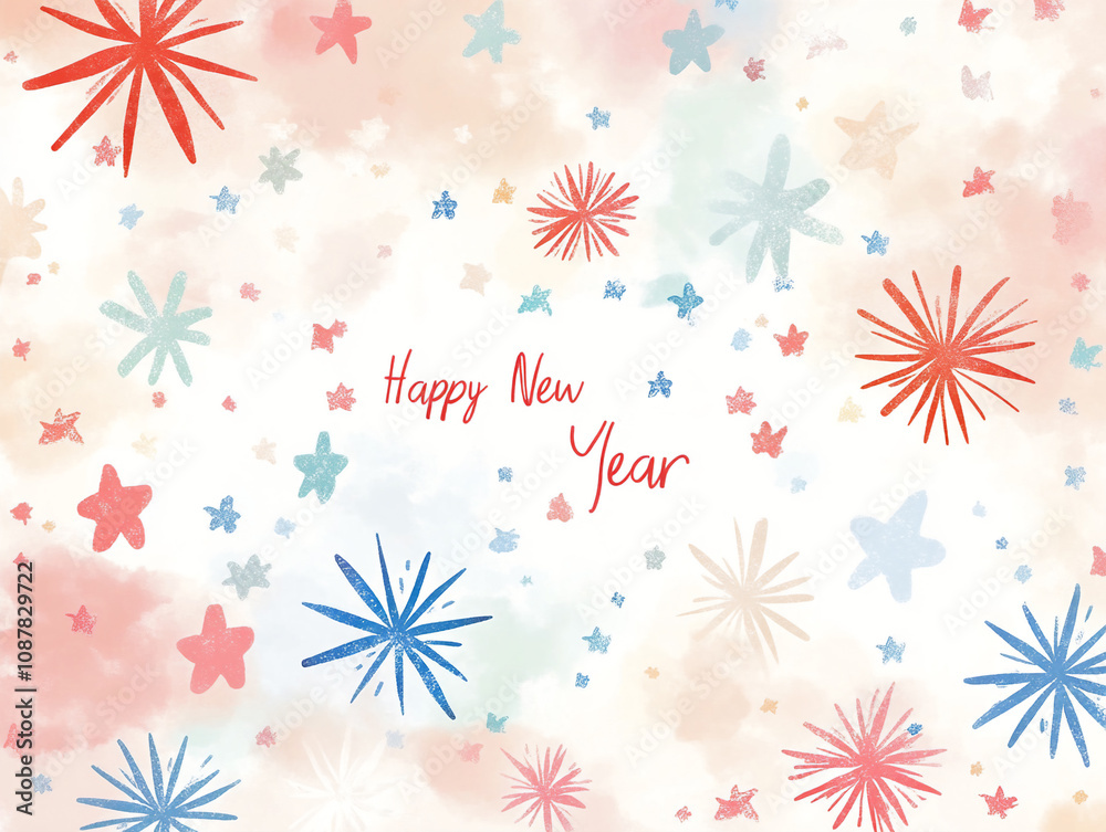 Happy New year background watercolor inspired new year pattern pastel colors stars and fireworks