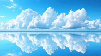 Wall Mural - calm blue sky with fluffy clouds perfectly reflected on a still water surface.