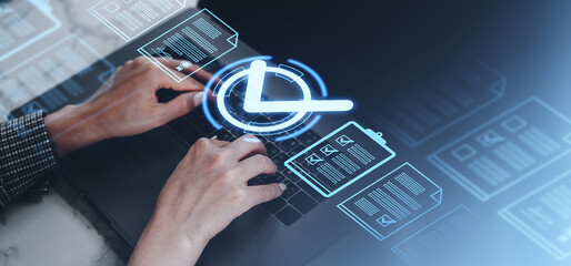 Poster - hands typing on a laptop with holographic icons of documents and a clock on a blurred background, re