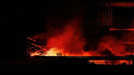 Aufkleber - An industrial furnace releases bright flames and molten steel, showcasing the intense heat and activity of nighttime metal production. Generative AI