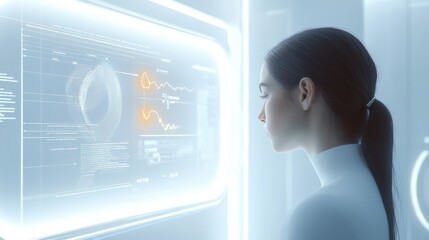 Leinwandbilder - A person engages with an interactive mirror that analyzes hair health and provides AI-driven recommendations in a sleek, futuristic setting. Generative AI