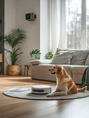 Aufkleber - A cozy living room features a golden retriever sitting next to a smart feeding station on a soft rug while sunlight streams through the windows. Generative AI
