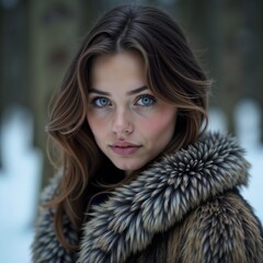 Close-up portrait of a beautiful young woman with blue eyes, wearing a fur coat in a snowy forest