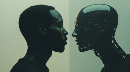 Poster - A human stands before a digital mirror, captivated by a lifelike robot reflection in a modern, minimalist environment. Generative AI