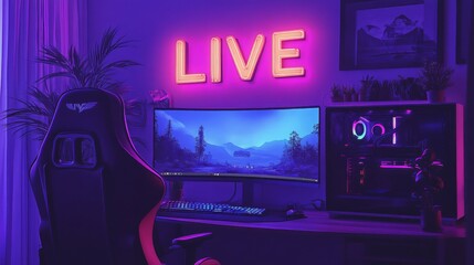Poster - A vibrant gaming corner features a large curved monitor displaying a scenic landscape. Soft purple lighting creates an inviting atmosphere. A modern gaming chair is positioned in front of the desk.