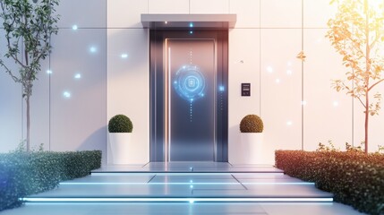 Poster - This home entrance showcases cutting-edge security technology such as smart cameras, motion sensors, and a fingerprint scanner for access. Generative AI