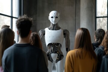 Fototapete - Students engage with a humanoid robot, exploring its features and capabilities during a technology workshop held in a contemporary setting. Generative AI