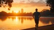 © Yuparet - Motivated Individual Jogging Along the Shoreline at Sunset with a Vibrant Sky, Capturing the Essence of Outdoor Fitness and Healthy Living