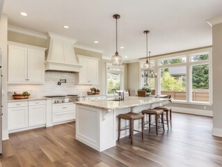 Wall Mural - Bright White Kitchen Island With Granite Countertops And Wood Floors