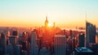 © Yuparet - A Stunning Golden Hour Commute Scene with the Sun Setting Behind Skyscrapers in a Bustling Cityscape, Capturing Urban Vibes and Serene Moments