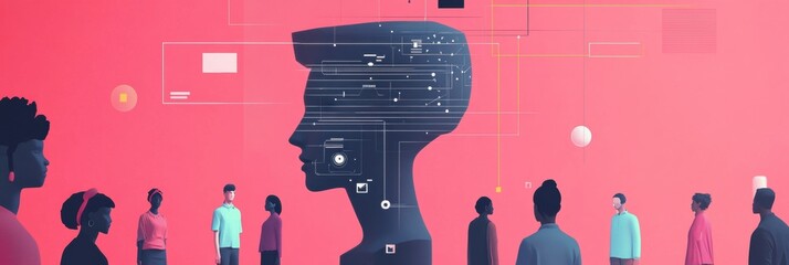 Aufkleber - A group of people stands in front of an abstract AI system, engaging with its features and discussing technology in a creative atmosphere. Generative AI