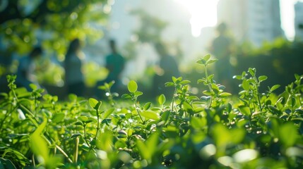 Amidst the blurred cityscape gardeners work together to create a green space where community and nature can thrive.