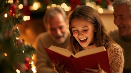 Wall Mural - A girl expresses joy while reading a book in a warm, festive atmosphere filled with holiday decorations. Family members share the joyful moment by her side