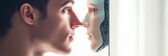 Poster - A person looks closely into a digital mirror, seeing a robotic reflection that raises questions about technology and self-identity. Generative AI