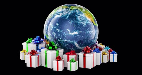 Poster - Earth with gift boxes rotation animation, seamlessly loopable. 3D rendering isolated on transparent background