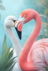 Poster - Flamingos in vibrant colors by a serene water body under a clear blue sky at midday