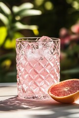 Wall Mural - Refreshing grapefruit cocktail garnished with citrus slice in a bright outdoor setting