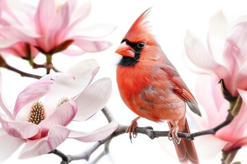 Wall Mural - A small red bird perched on the end of a tree branch, looking out at the surrounding environment