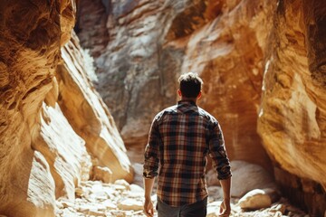 Poster - A person walks through a narrow canyon wearing a plaid shirt, great for outdoor adventure or travel images
